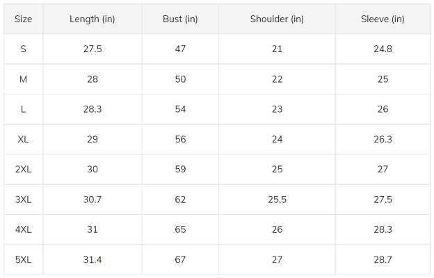 Bomber Jacket Size Chart inches